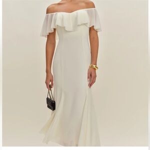 Reformation Charee Dress in Eggshell Off-The-Shoulder Ruffle Maxi Dress